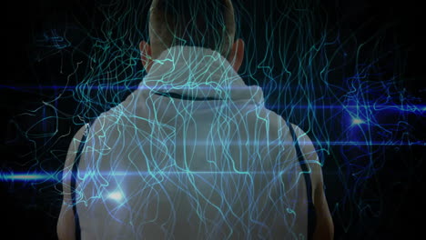 wearing white hoodie, person with blue digital lines and light effects animation