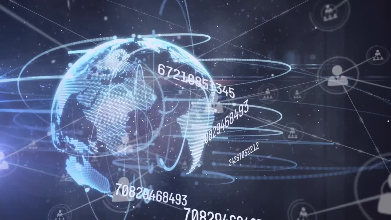 Animation of changing numbers, connected icons and circles around rotating globe