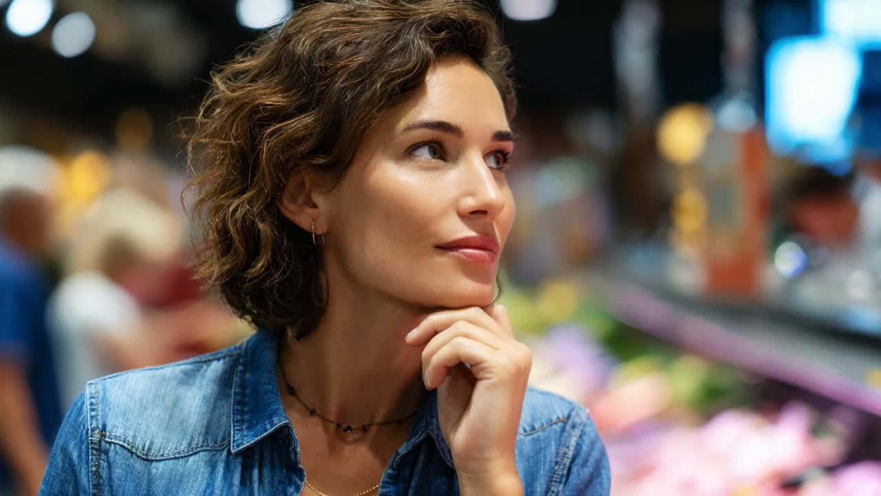 A thoughtful woman with curly hair gazes into the distance while contemplating her choices in a vibrant, bustling market filled with colorful produce and lively shoppers nearby, embodying curiosity and reflection