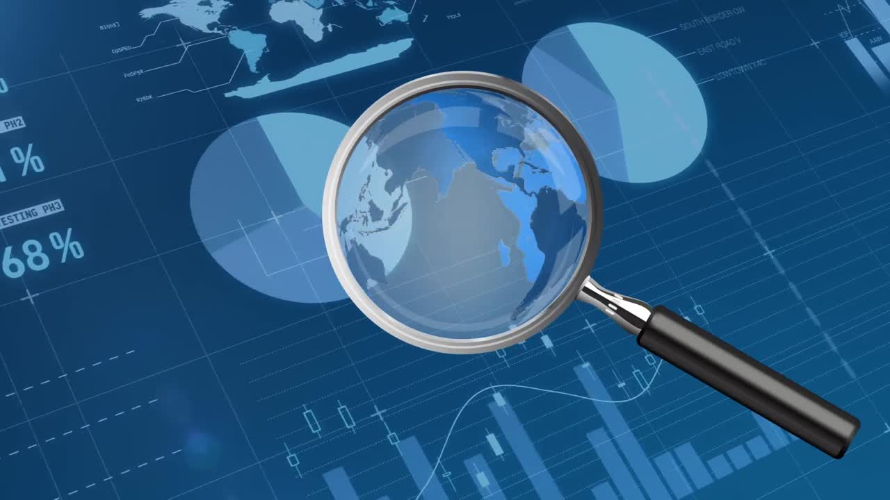 animación de procesamiento de datos financieros y lupa sobre fondo de la marina