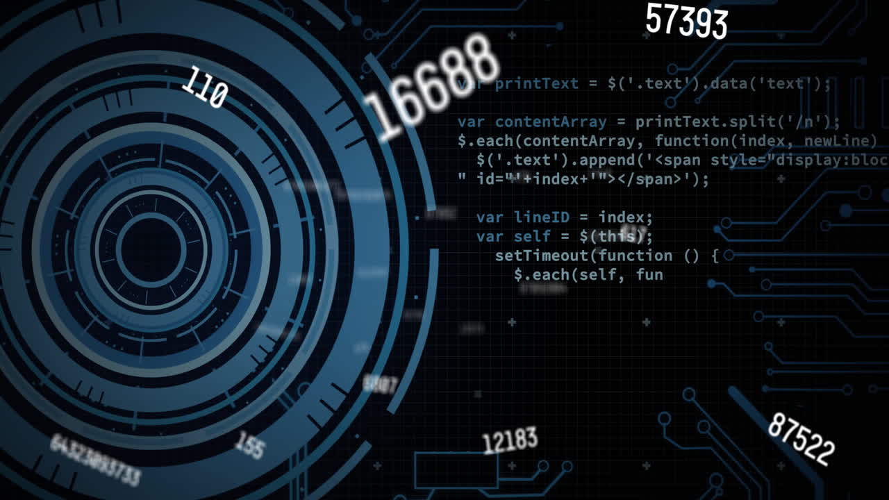 Animation of data processing with scope scanning on black background