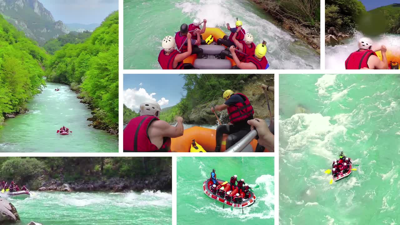 rafting en el río tara en montenegro montaje en collage