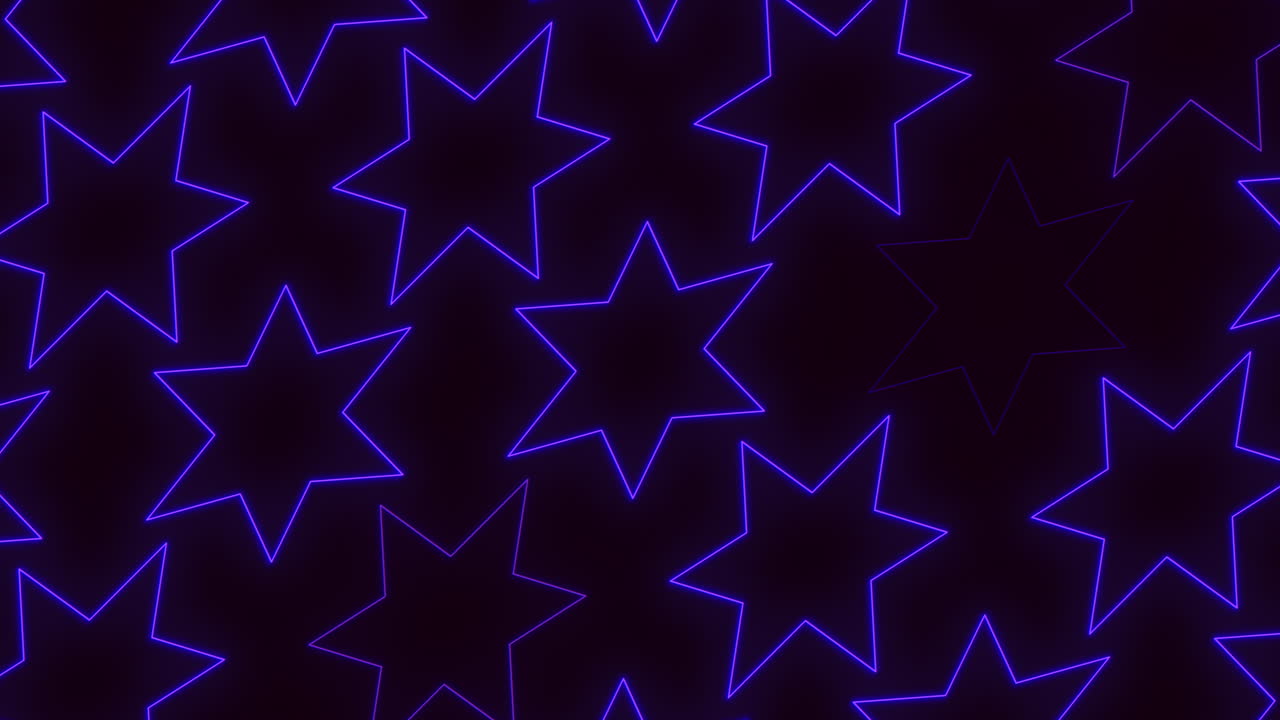 Padrão contínuo de contorno de estrela neon brilhante em um fundo escuro, vídeo abstrato ideal para visuais de festa, videoclipes, telas de clubes, cenários de eventos, motion graphics e fundos digitais modernos
