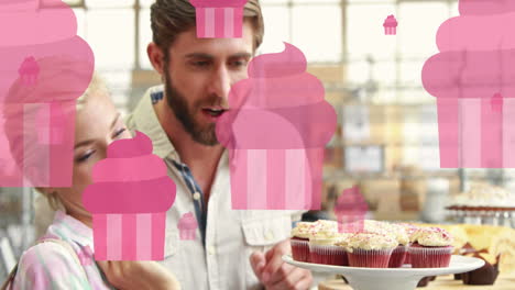 animation of caucasian couple smiling and buying cake