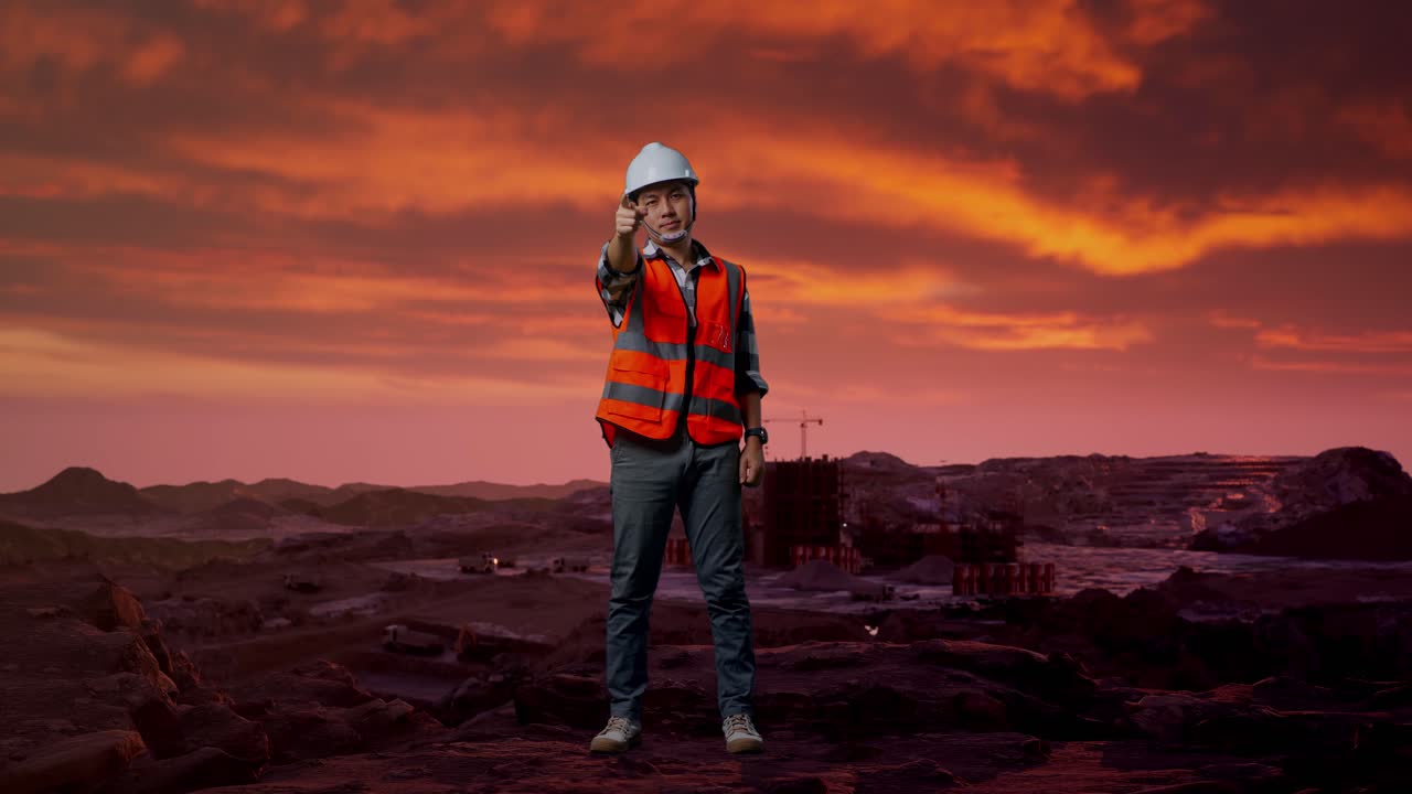 Full Body Of Asian Male Engineer With Safety Helmet Smiling And Touching His Chest Then Pointing At You While Standing at Construction Site, Mining Machinery