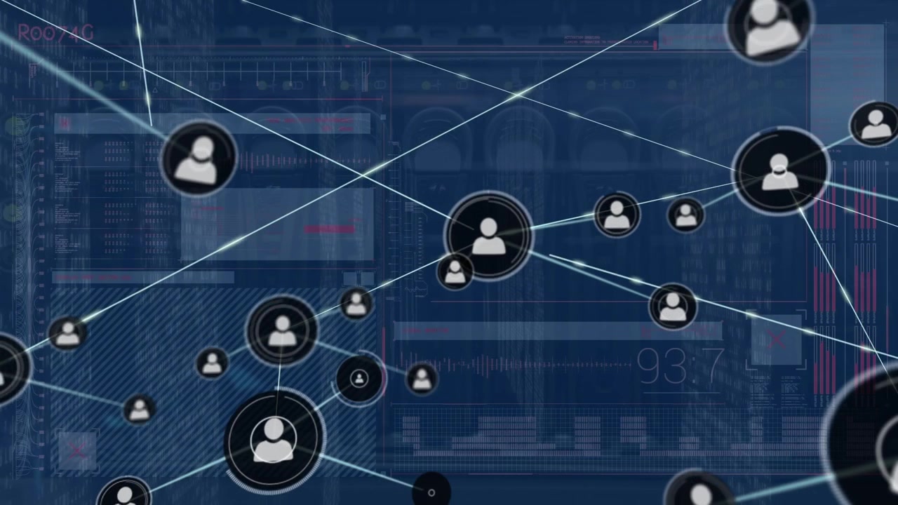 Animation of profile icon network connecting with lines against financial graphics