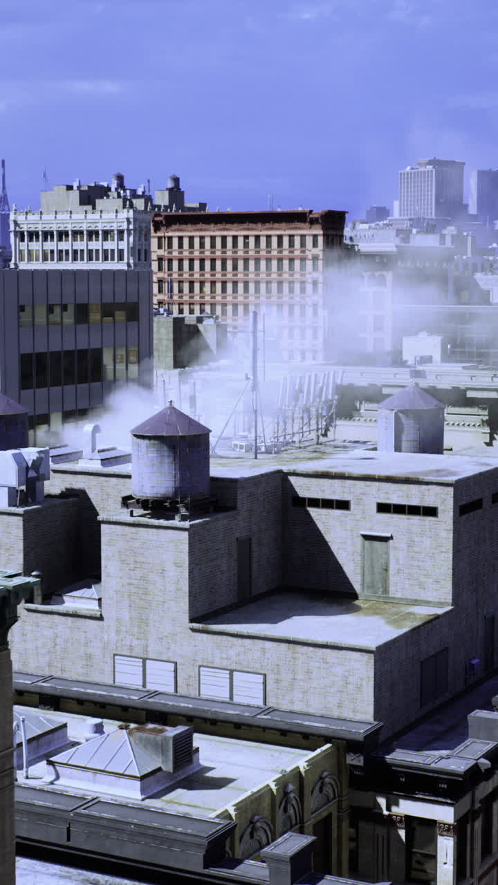 Industrial rooftops and hazy skies craft evocative urban atmosphere for visuals
