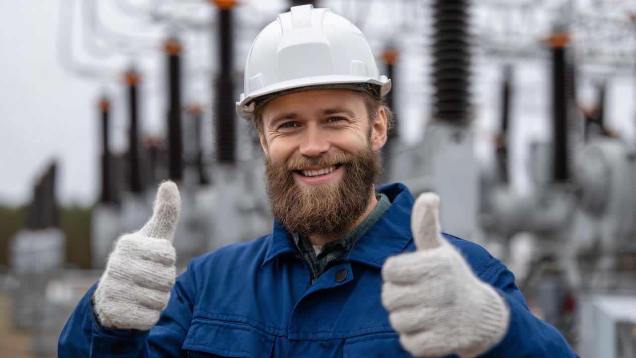 Blije werknemer steekt duim op bij elektrisch onderstation en toont veiligheid, vertrouwen en trots in een essentiële rol in de energiesector