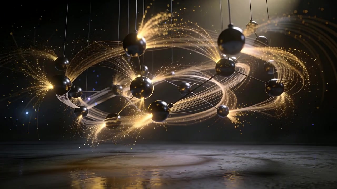 Spinning hanging mobile sending gold sparks in studio, spotlight sparking bursts on black spheres