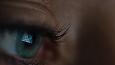 pantalla de ojo macro de cerca que se refleja en el iris mujer navegando en línea por la noche