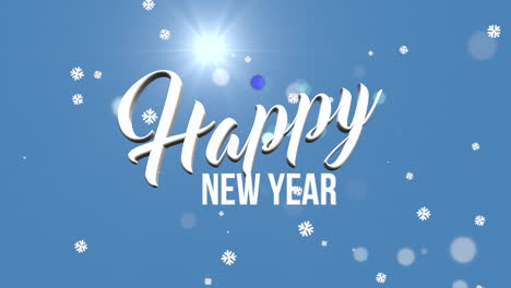 Happy-New-Year-text-with-flying-snow-in-blue-sky