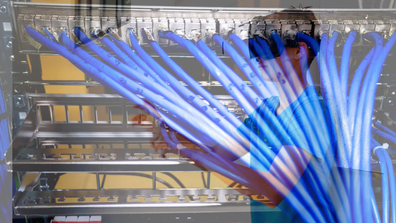 animación de un servidor de computadora sobre un escolar que usa auriculares vr