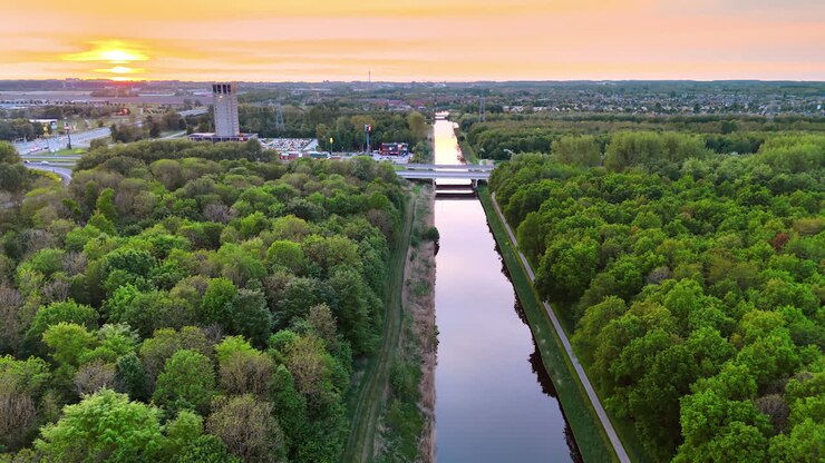 Tramonto panoramico su un paesaggio verde lussureggiante. Un tramonto vibrante proietta riflessi colorati su un sereno canale circondato da una fitta vegetazione in un ambiente tranquillo