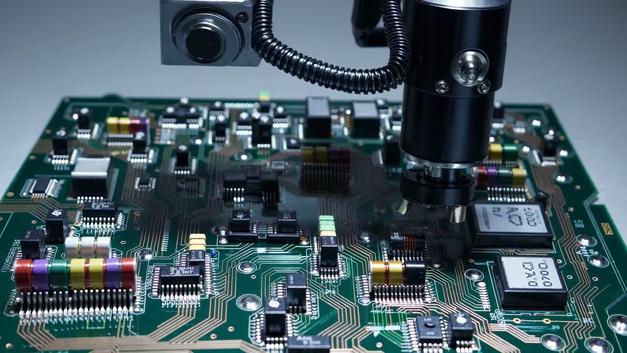 Close-up video of a robotic arm assembling a circuit board, showcasing intricate details