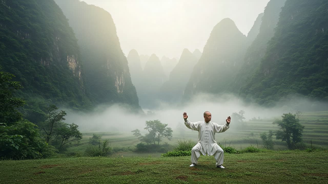 Un artista marcial sereno practicando Tai Chi en medio de majestuosas montañas y niebla ondulante en un paisaje pintoresco de tranquilidad y armonía
