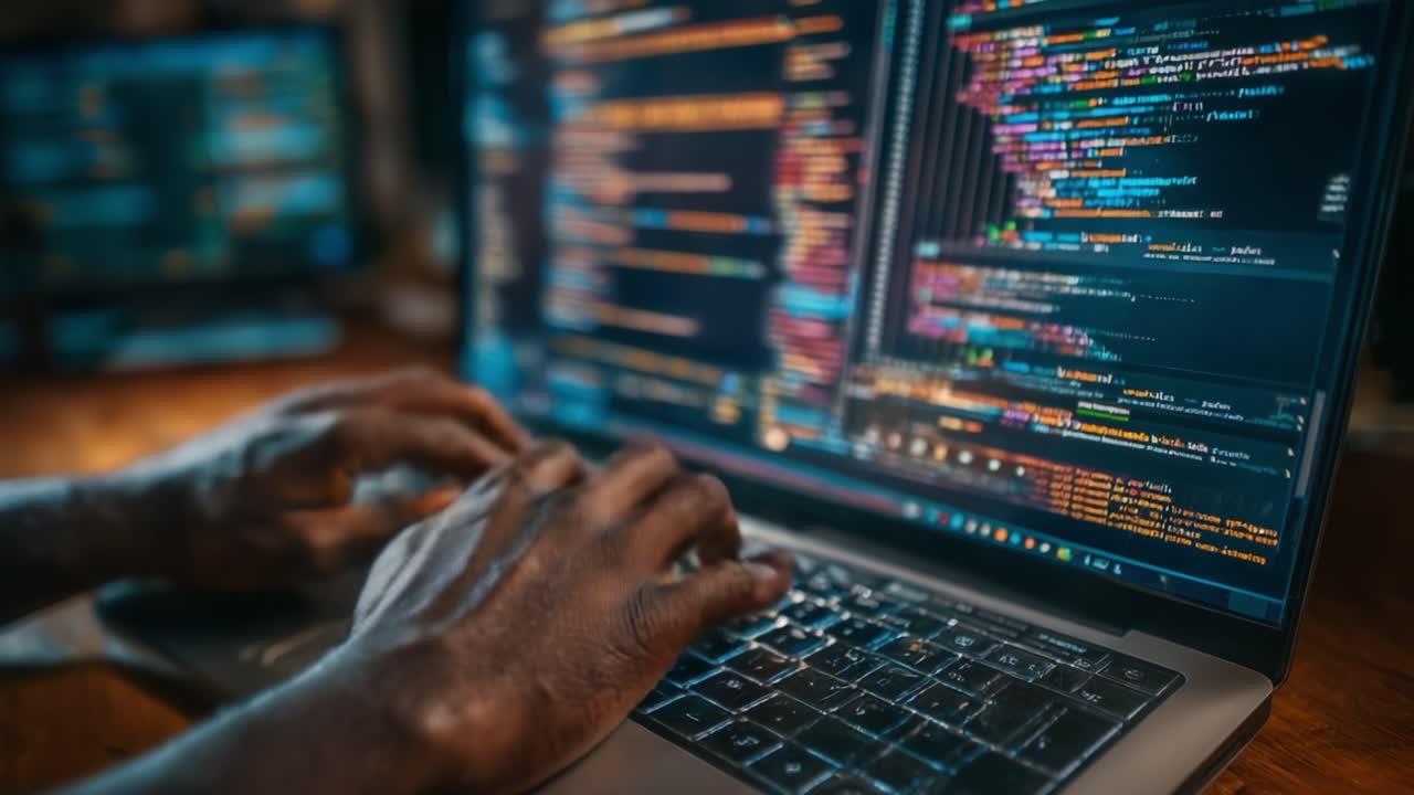 Focused Programmer Engaged in Coding on Laptop, Illuminated by Screen Light with Colorful Syntax Highlighting in an Intense Coding Environment