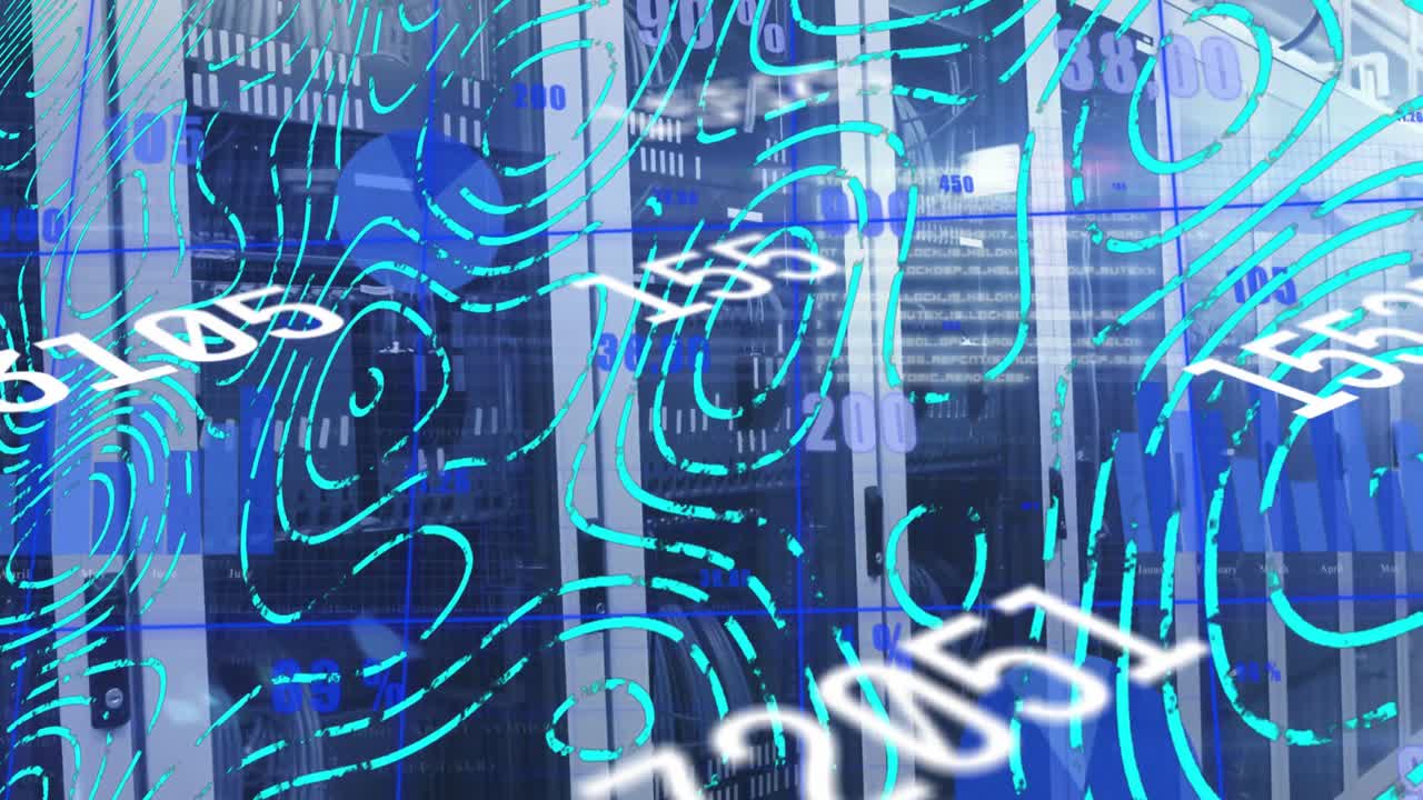 animación de números cambiantes sobre un patrón abstracto, gráficos contra la sala de servidores en el fondo