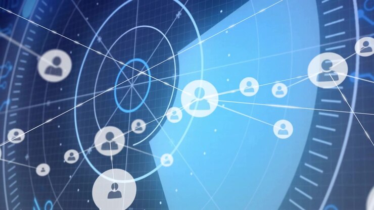 Radar HUD sweeping blue wedge revealing avatar nodes and forming connected web for network mapping
