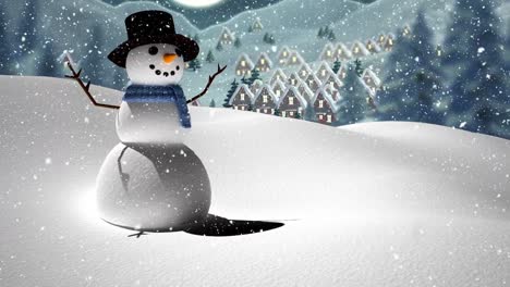 animation of snow falling over smiling snowman in winter scenery