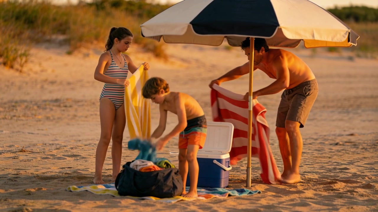 Ein Mann mit Kindern in Badekleidung öffnet den Kühlerdeckel und sortiert Handtücher auf einer Stranddecke, um einen Platz vorzubereiten.