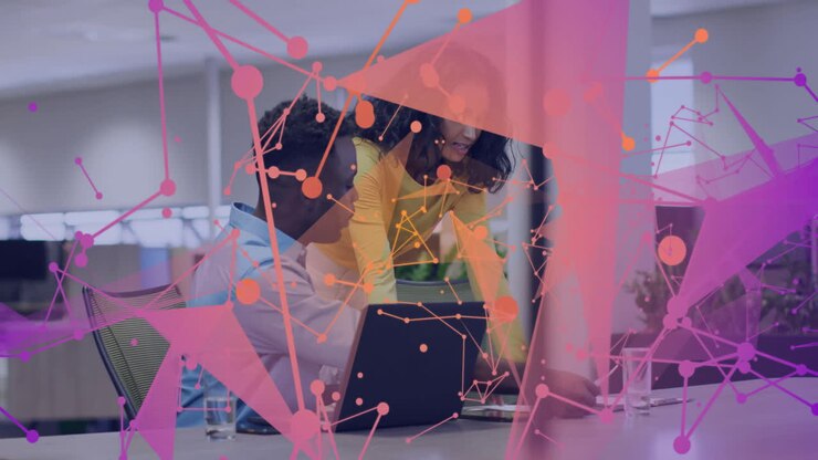 Animation of connections over diverse business people working together in office