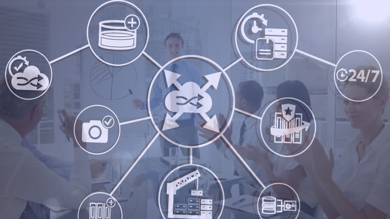 animación de la red de conexiones con iconos empresariales sobre diversas personas de negocios