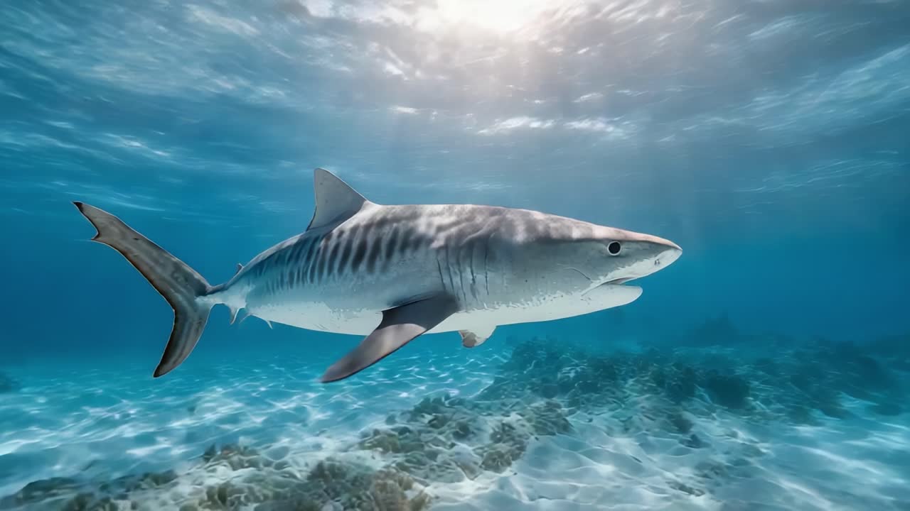 Majestic Shark Gliding Through Crystal Clear Waters: A Stunning Display of Ocean Life Captured in Two Frames Highlighting Its Grace and Power
