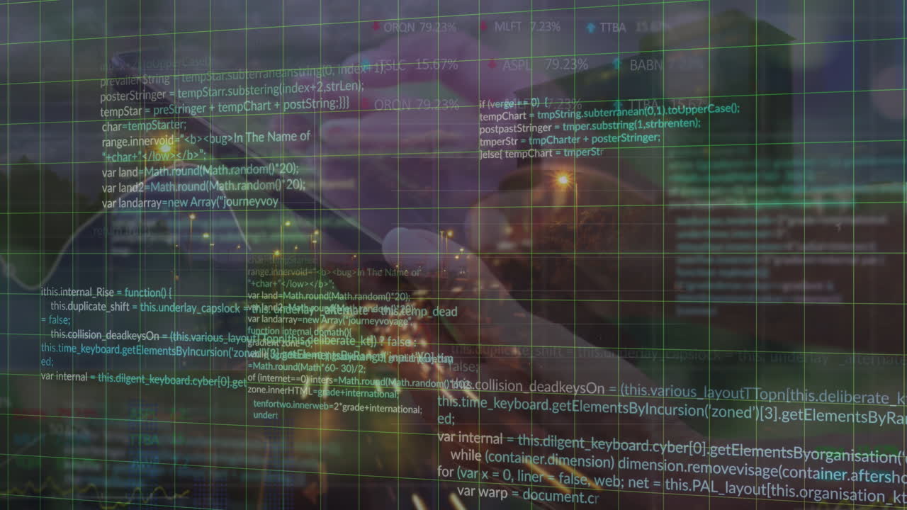 Animation of financial data processing over caucasian woman using smartphone and cityscape