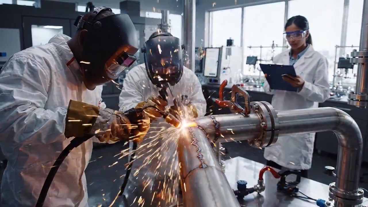 Engineers Welding Metal Pipe in Modern Laboratory with Augmented Reality Overlay