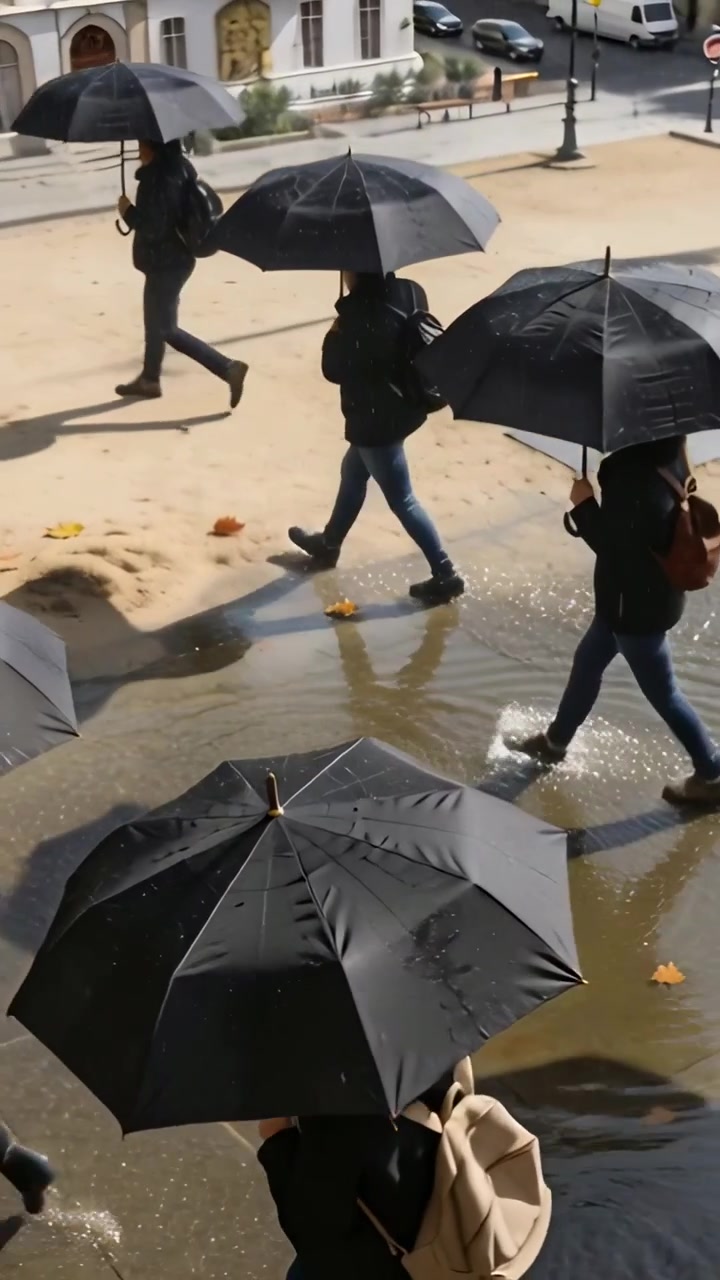 Video verticale: Un passante con l'ombrello cammina sotto la pioggia, attraversando una pozzanghera in piazza e creando increspature