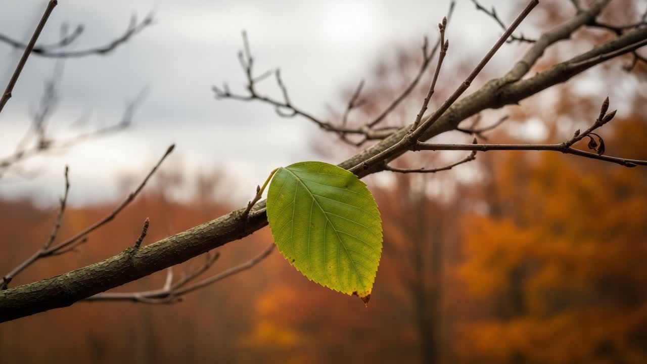 A solitary green leaf clings to a bare branch, contrasting against a backdrop of autumn foliage, capturing the essence of seasonal change and resilience in nature