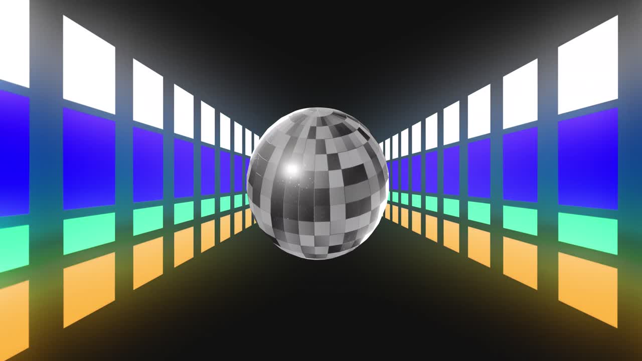 animación de una pelota de discoteca sobre cuadrados coloridos sobre un fondo negro