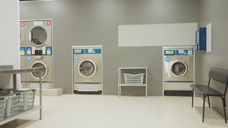 Bright modern laundry shop interior with stainless washing machines, organized laundry baskets, black bench, and tiled floor as overhead lights switch off, creating calm service facility environment