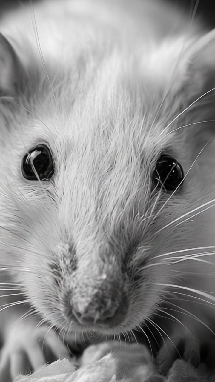 Un'esplorazione ravvicinata delle intricate caratteristiche e degli occhi espressivi di un ratto bianco, catturati in immagini mozzafiato in bianco e nero, che ne rivelano il carattere unico.