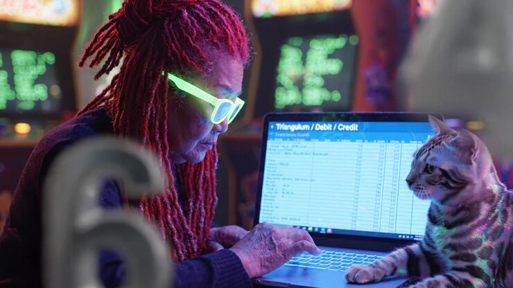 En ældre person fordyber sig i finansielle opgaver på en bærbar computer, ledsaget af en nysgerrig kat, omgivet af vintage arkadespil i et levende miljø.
