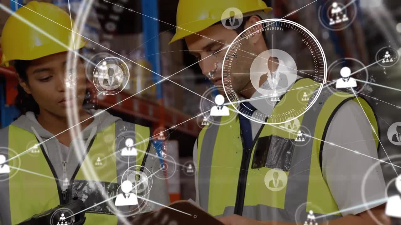 анимация сети соединений с иконами над двумя различными складскими работниками