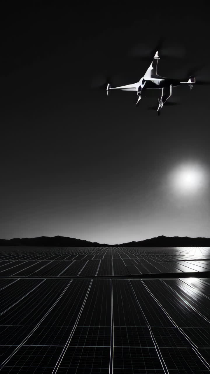 Drone Monitoring Solar Panel Farm at Sunrise/Sunset
