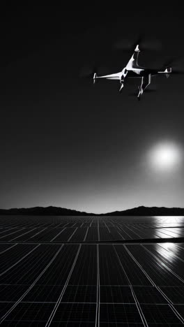 drone monitoring solar panel farm at sunrise/sunset