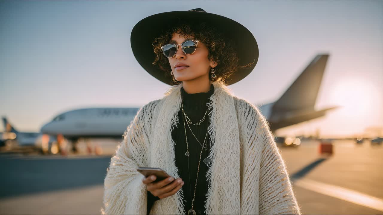 A Stylish Traveler at the Airport: Embracing Fashion and Confidence in a Bustling Travel Scene at Sunset with Planes in the Background