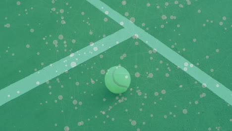 tennis ball resting on angled court lines, displaying network overlay in flat design illustration