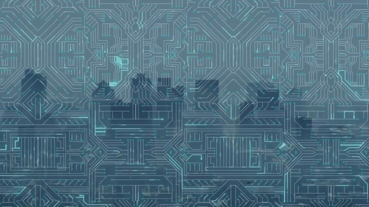 Animazione di motivo di circuito stampato illuminato su edifici moderni, sullo sfondo.