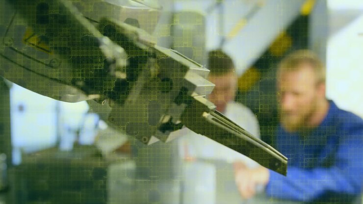 Animation of particles floating over male scientist with robot