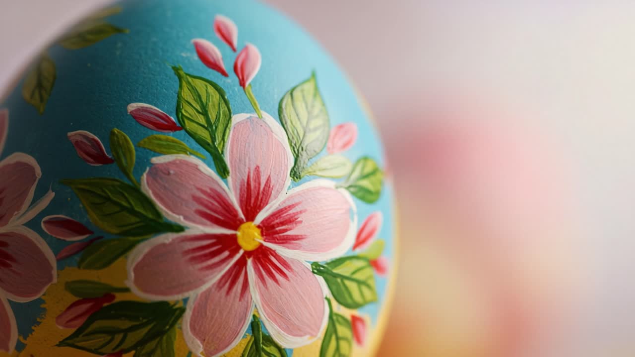 Beautifully Hand-Painted Easter Egg Displayed with Vibrant Floral Designs, Showcasing Delicate Petals and Leaves Against a Soft Background
