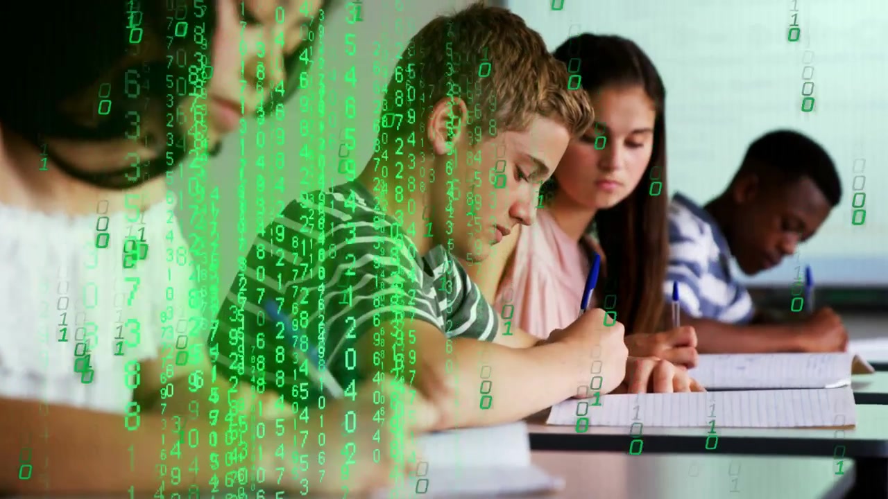 Center teen boy writing with blue pens, green code raining partly hiding notebooks during test