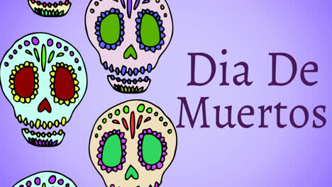 animación de dia de los muertos sobre calaveras decorativas en fondo púrpura