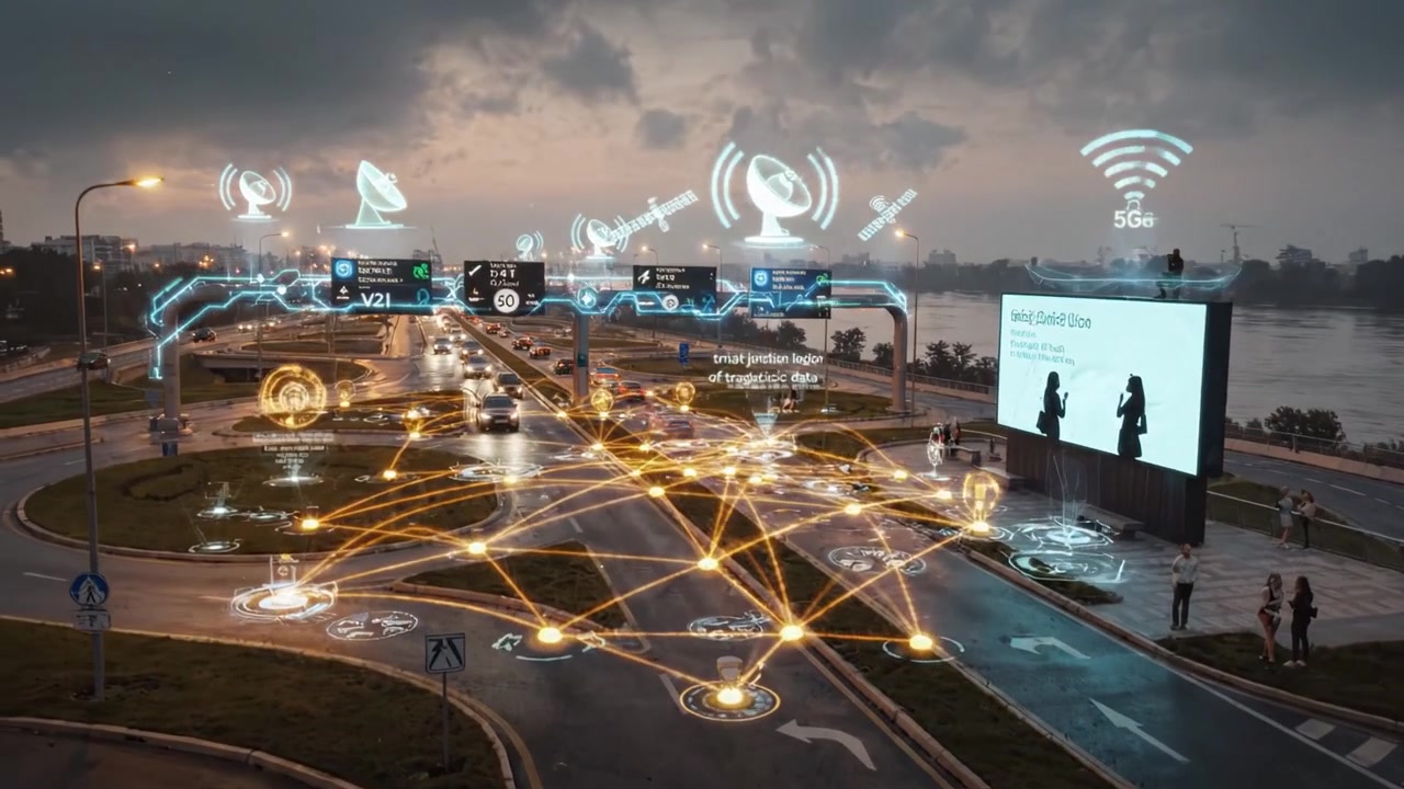 Sistema di Gestione del Traffico con Visualizzazione di Tecnologia Avanzata che Migliora la Connettività Urbana in un Moderno Ambiente Cittadino durante una Sera Piovosa