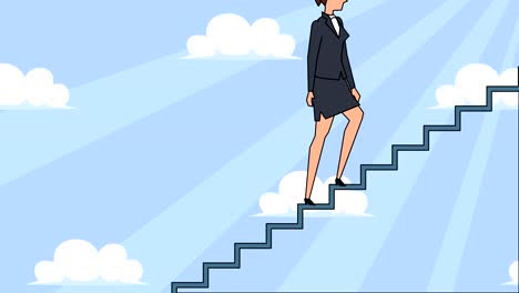 flat cartoon businesswoman character goes up the career ladder stairs concept  animation