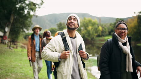 outdoor, hiking and pointing at view with friends