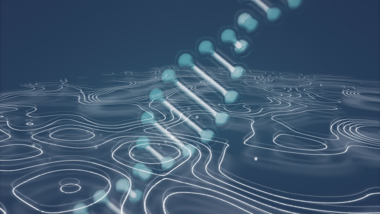 Vertical glowing cyan nodes being animated over contour grid in 3D render, with dotted data streams