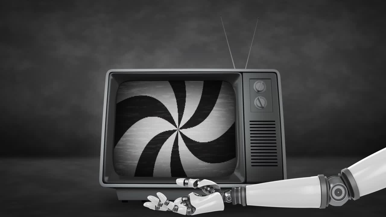 Animation of black and white stripes over retro tv and robot's arm